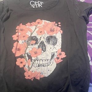 Chaser Black Short Sleeve Tee with Pink Floral Skull Graphic